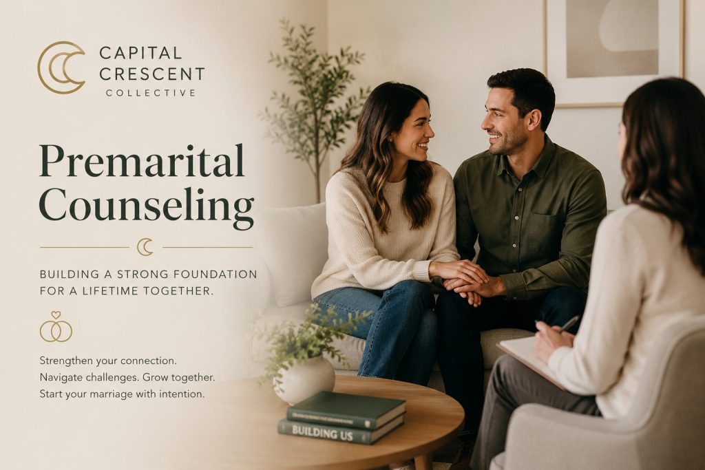 couple on couch recieving premartial counseling